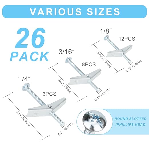 26Pcs 3 Sizes Hollow Wall Anchors 1/8”12pcs 3/16”8pcs 1/4”6pcs Heavy Duty - Image 2
