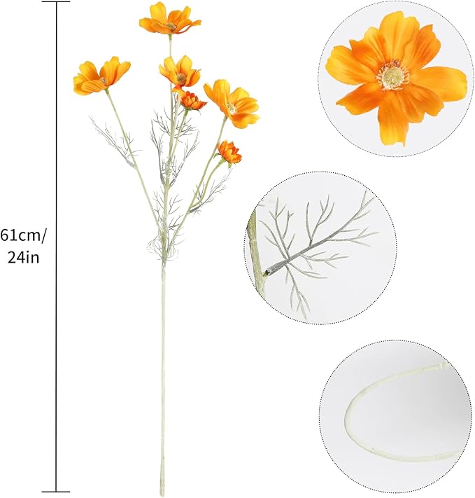 6PCS Cosmos Faux Flowers 24'' Orange Fake Flowers Artificial Daisies Silk - Image 3