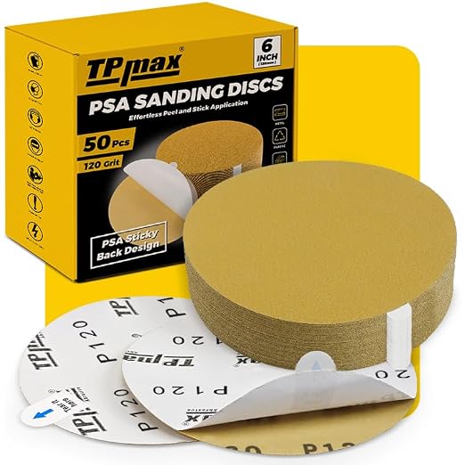 6-Inch 120-Grit Gold PSA Sanding Discs, 50 Pack – Pro-Grade Self-Adhesive by TPmax