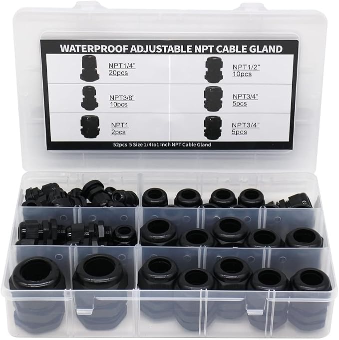 NPT Cable Glands 1/4” 3/8” 1/2” 3/4” 1”- 52 Pack Black Plastic Waterproof IP68 - Image 3