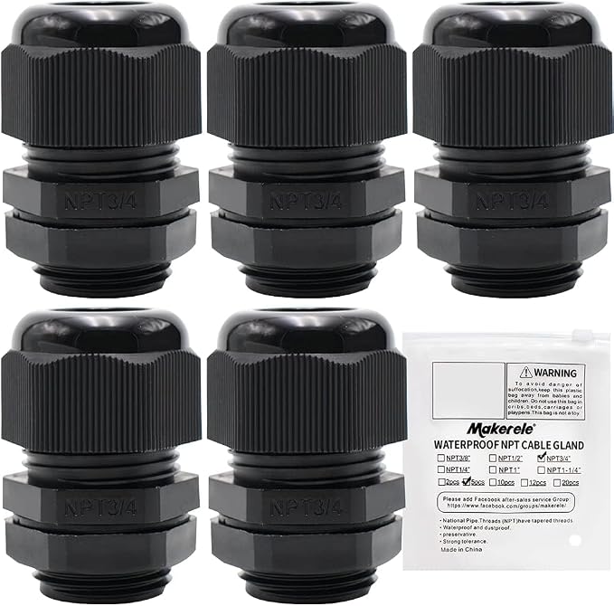 MAKERELE 3/4” 5pcs NPT Cable Glands Waterproof Adjustable 13-18mm | Black Cable by MAKERELE
