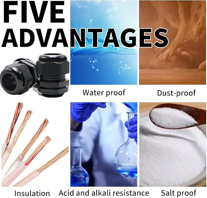 AIRTAK5-Pack 1/2" NPT Cable Glands, IP68 Waterproof Nylon PA66 Strain Relief - Image 5