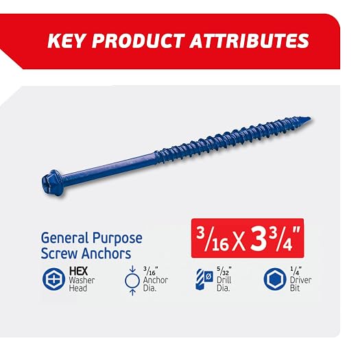 3/16 x 3-3/4" Hex Head Blue Concrete Screw Anchors - Image 2
