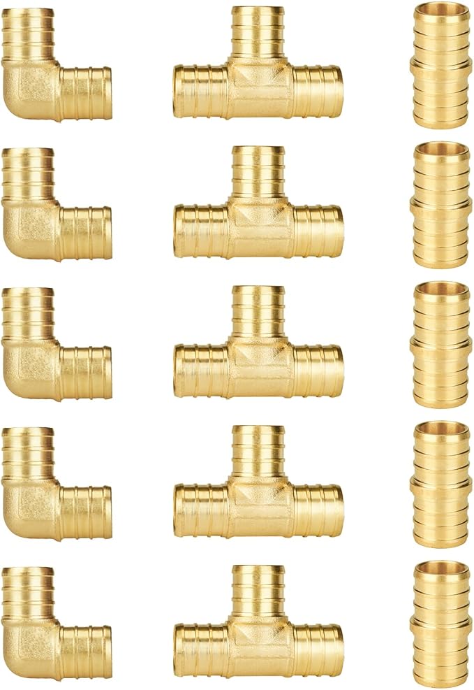 15-Pack 3/4 Inch PEX Fittings Kit, 5 Each Elbow, Coupling Kit | Brass, Crimp by SUNGATOR