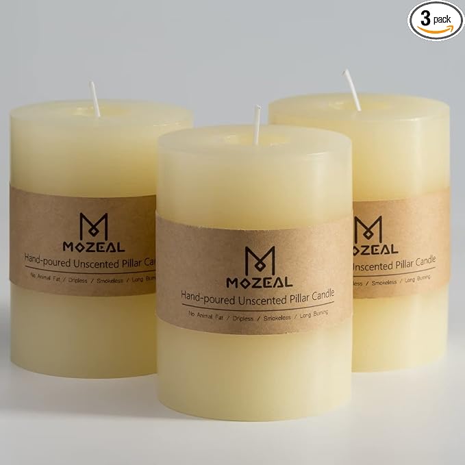 MOZEAL 3" x 4" Hand-Poured Unscented Candle, Dripless Pillar Candle Set of 3 by MOZEAL