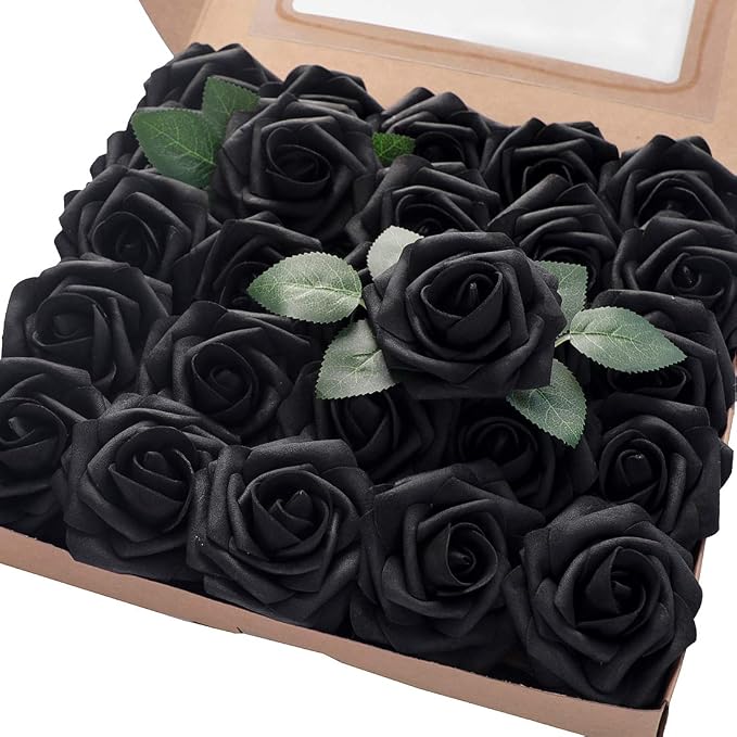 Artificial Flowers 25pcs Real Looking Black Foam Fake Roses by Floroom