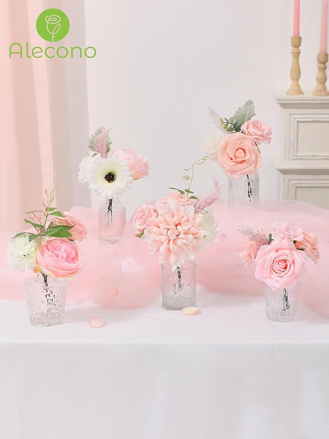 Alecono Light Pink Artificial Flowers, Silk Fake Roses Floral Set | - Image 8