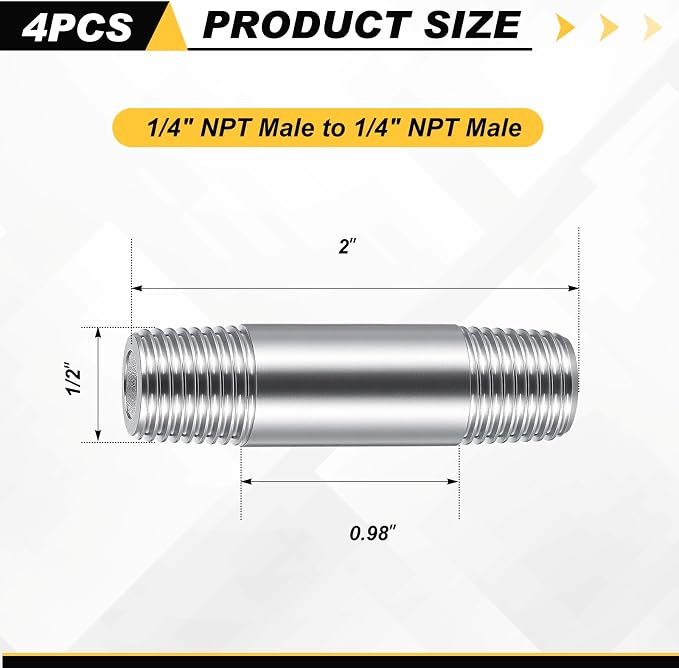 4 Pcs 304 Stainless Steel Pipe Fittings 1/4" NPT x 1/4" NPT Male Threaded 2" - Image 2