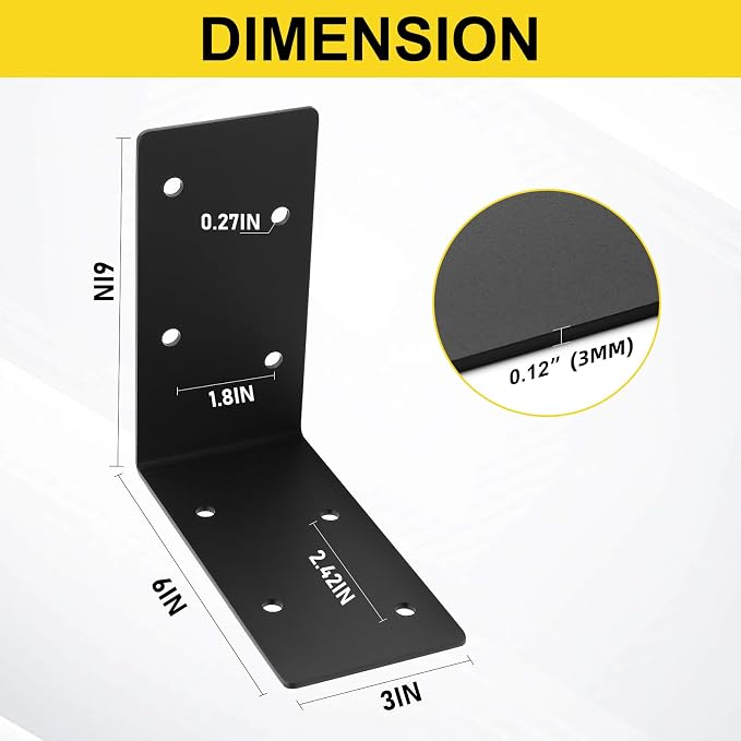 4 Pcs 6"x6"x3" L Right Angle Bracket, 3MM Heavy Duty Steel | 90 Degree Corner - Image 3