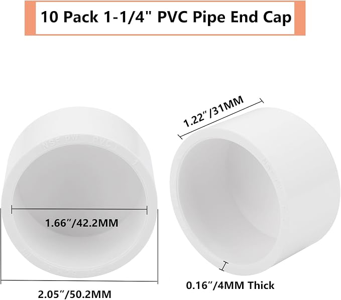 10 Pack 1-1/4"PVC Pipe End Cap Fitting Schedule 40 Furniture Grade 1-1/4" PVC - Image 3
