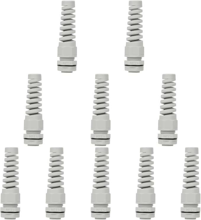 10Pcs NPT 3/8" IP68 Waterproof Cable Gland Flex Spiral Strain Relief Grey Nylon by LeMotech