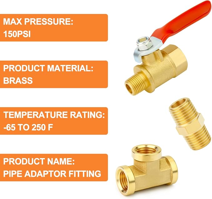 GASHER 6PCS 1/8 Inch NPT Brass Pipe Fitting, Ball Valve, Barstock Tee Brass - Image 3