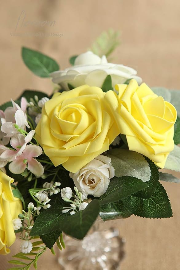 Artificial Flowers 25pcs Real Looking Canary Yellow Foam Fake Roses - Image 6
