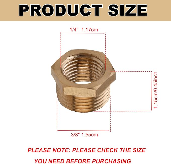 2pcs Brass Reducer Hex Bushing, 3/8" Male to 1/4" NPT Female Adapter | Reducing - Image 2