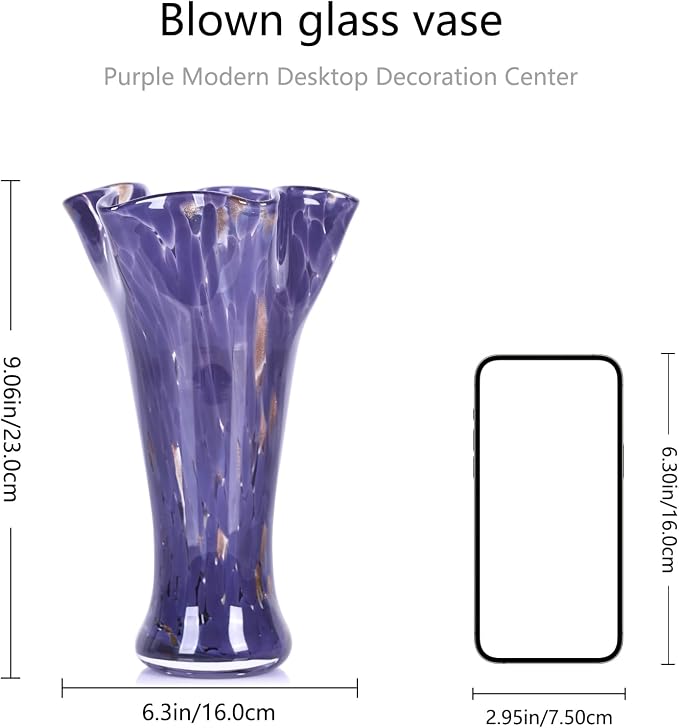 9.0" H Purple Glass Vases for Flower, Unique Hand Blown Glass Vase | Wide Mouth - Image 2