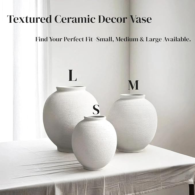 Extra Large White Ceramic Vase, 12.5" H Sandstone White | Round Farmhouse Design - Image 3