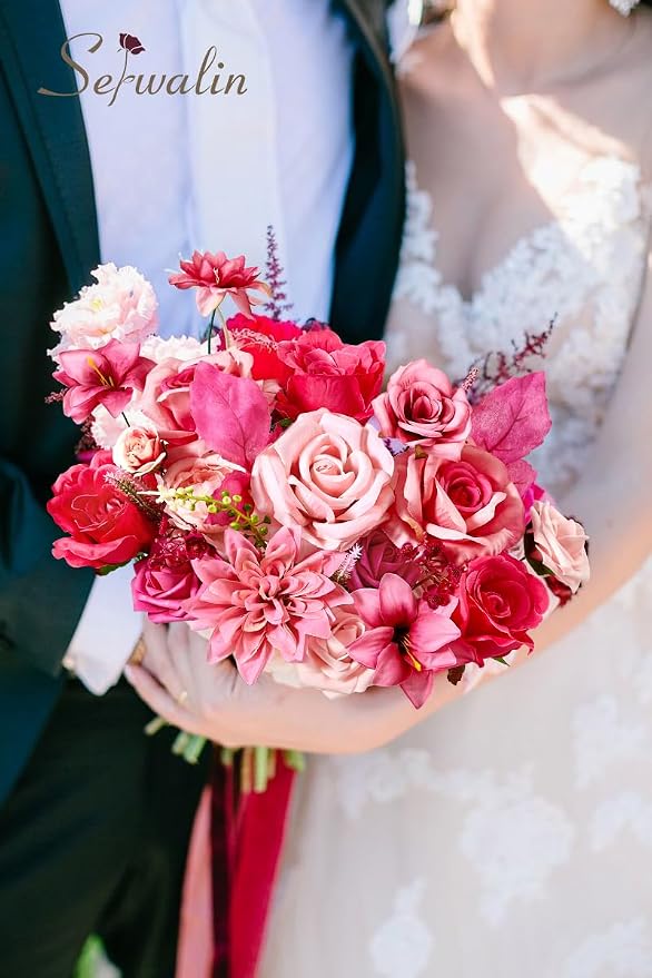 Serwalin Hot Pink Artificial Flowers, Silk Rose Fake Flowers - Image 6
