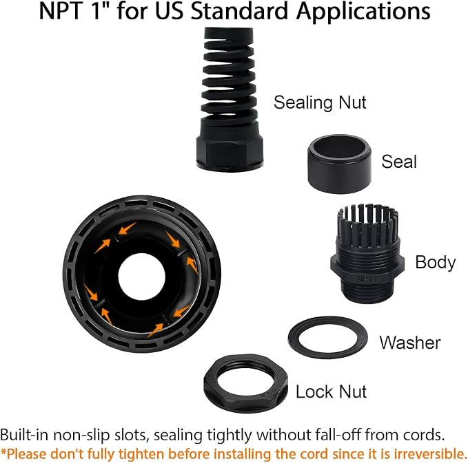 5Pcs NPT 1" IP68 Waterproof Cable Gland Flex Spiral Strain Relief Black Nylon - Image 2