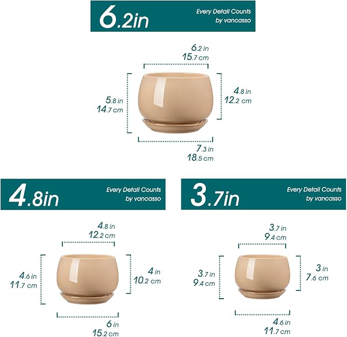 vancasso 3-Pack Ceramic Plant Pots, 3.7/4.8/6.2 Inch Indoor Planters - Image 2