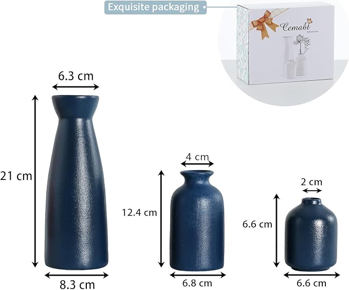 CEMABT Ceramic Blue Vases Set of 3 Small Flower Vases - Image 3