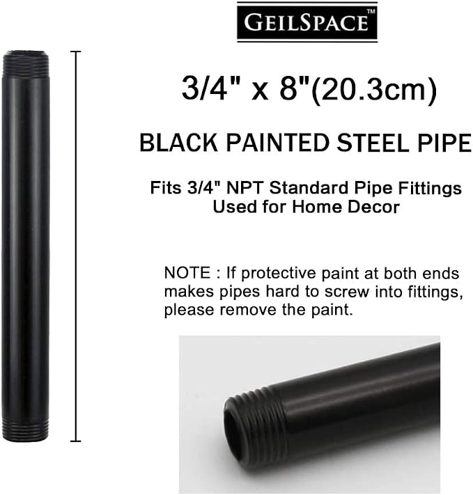 6 Pack 3/4" × 8" Pre-Cut Black Metal Pipe, Industrial Steel Fits Standard Three - Image 2