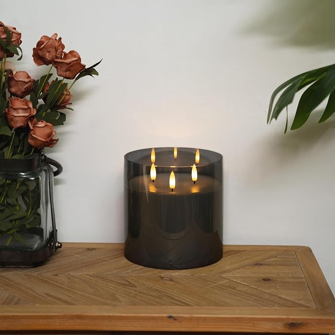 Homemory Grey Large Glass Flameless LED Candle, 3 Wicks, Remote Timer | 6"x6" - Image 7