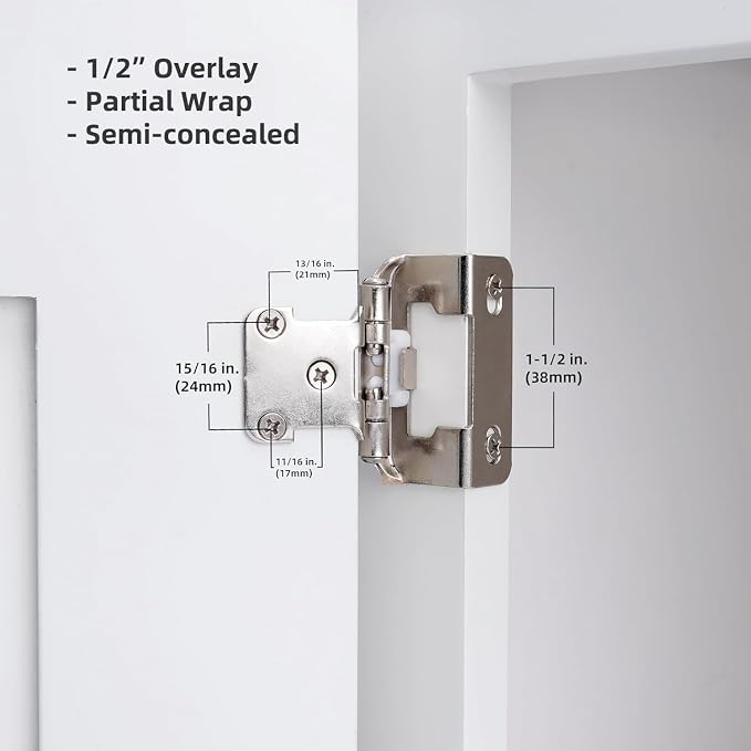 60 Pack 1/2" Overlay Brushed Nickel Cabinet Hinges - Image 3
