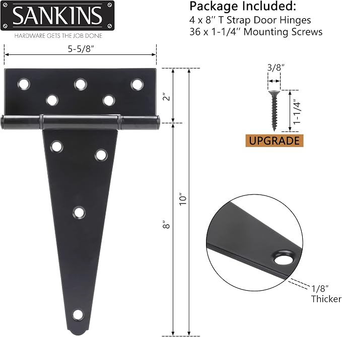 8 Inch T-Strap Shed Door Hinges Heavy Duty, Yard Door, Barn Door Gates - Image 2