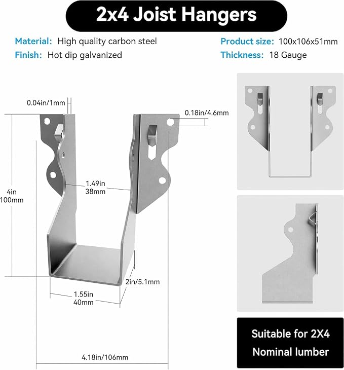 50 Pcs LU24 2X4 Joist Hanger Tie Brackets 18 Gauge Galvanizing Face Mount Joist - Image 3