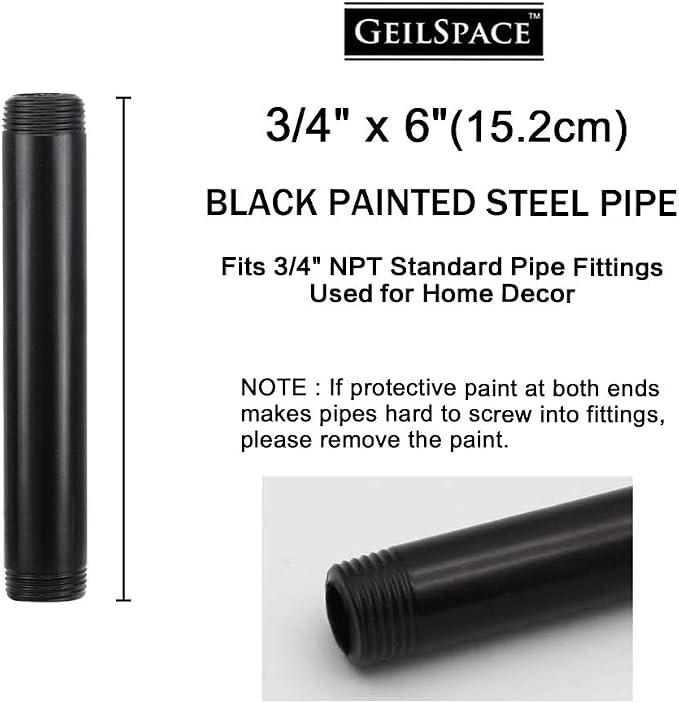 6 Pack 3/4" × 6" Pre-Cut Black Metal Pipe, Industrial Steel Fits Standard Three - Image 2