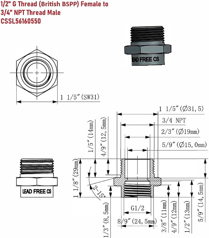 Cascada 1/2" G Thread Female to 3/4" NPT Thread Male Pipe Fitting Adapter - Image 2