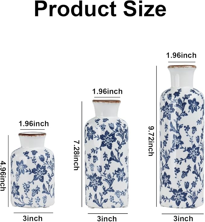 Blue and White Ceramic Vase Set of 3, Vintage Floral Vases - Image 2