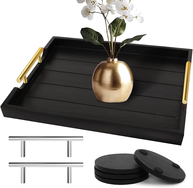 SXNOWS Wood Serving Tray with 2 Sets of Handles, 4 Coasters Included by Sxnows