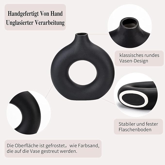 Black Ceramic Donut Vase Set of 2, Hollow Round Matte Pampas Flower Vases - Image 3