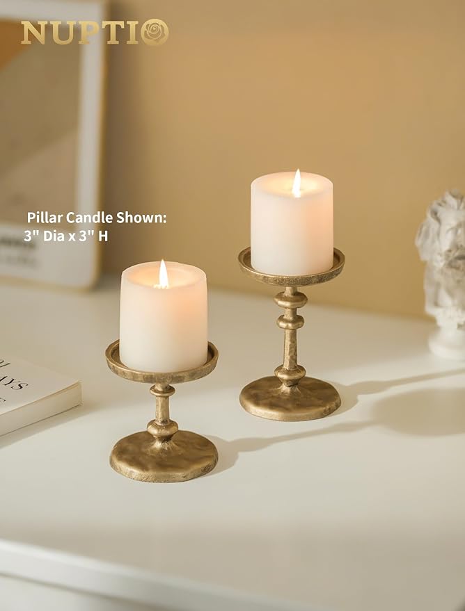 NUPTIO Gold Candle Holders for Pillar: Antique Brass Cast Iron Candle Stand | - Image 2