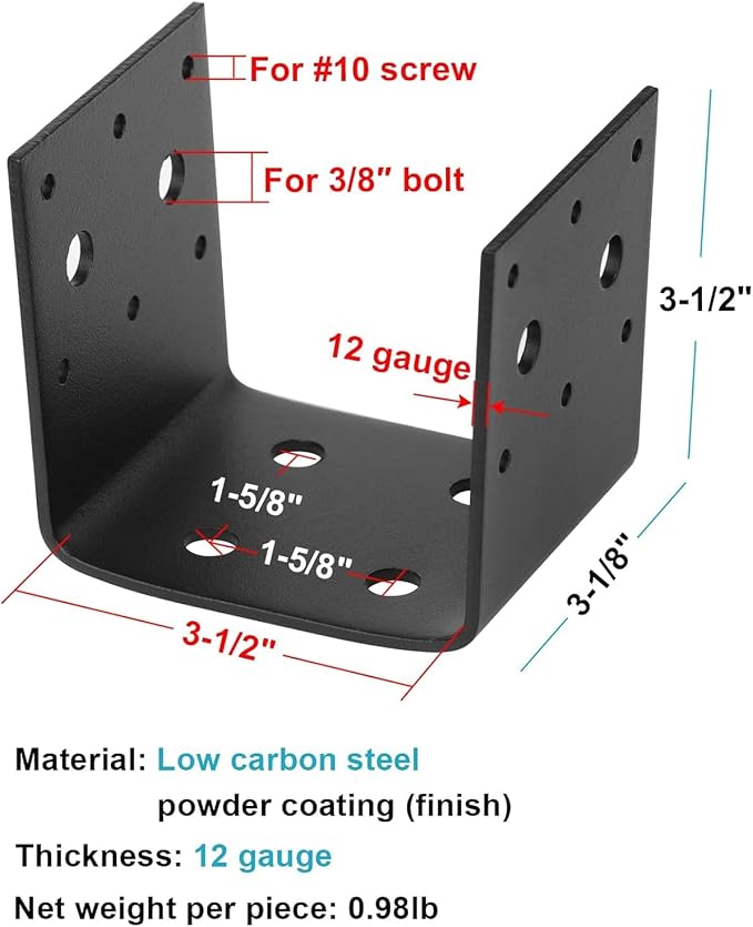 4 PCS 4x4 Post Base Bracket, 11 Gauge Heavy Duty Half Post Base Joist Hanger - Image 2