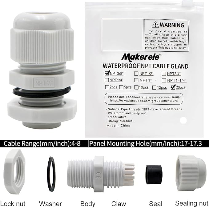 MAKERELE 3/8” NPT Cable Glands Kit Waterproof Strain Relief Connector | 3/8 Inch - Image 4