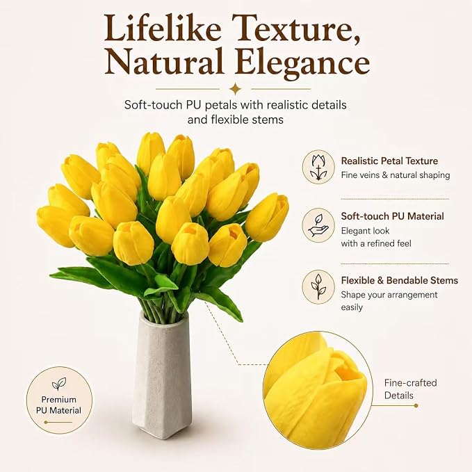 Mandy's 20pcs Artificial Yellow Tulips | 13.5 Inch Lifelike PU Tulips Faux - Image 2