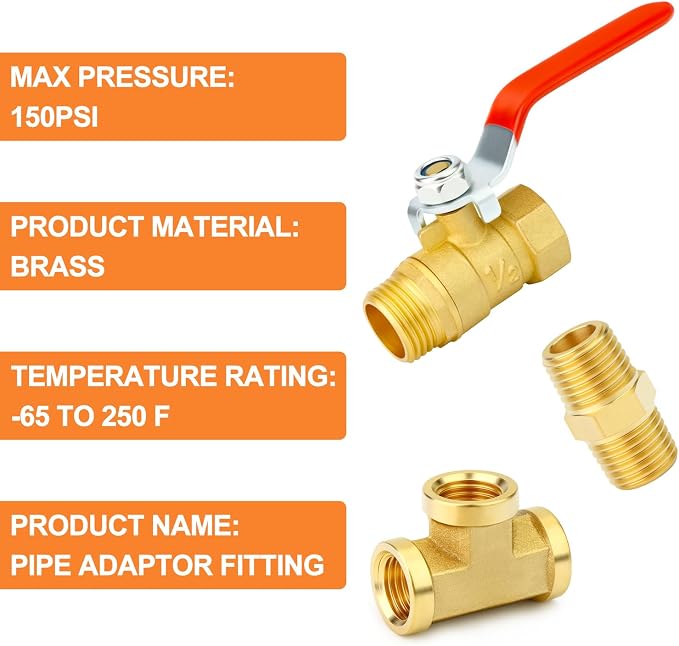 GASHER 6PCS 1/2 Inch NPT Brass Pipe Fitting, Ball Valve, Barstock Tee Brass - Image 3
