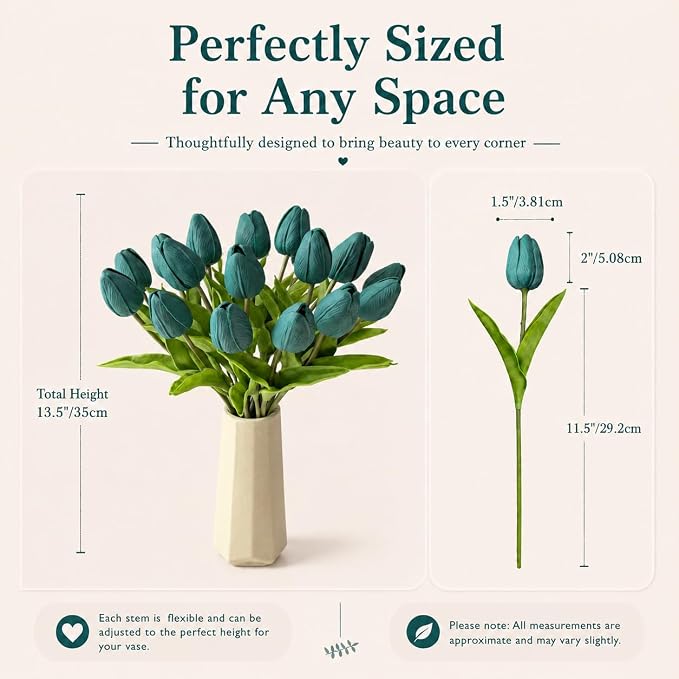 Mandy's 20pcs Artificial Teal Tulips | 13.5 Inch Lifelike PU Tulips Faux Floral - Image 3