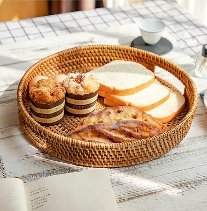 Rattan Round Serving Tray, Decorative Coffee Table Tray, Ottoman Hand Woven - Image 4