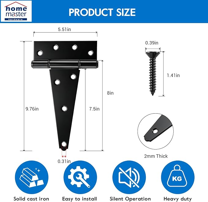 HOME MASTER HARDWARE 8" Heavy Duty Gate Hinges, 2 Pack T Strap Hinges | Steel - Image 2