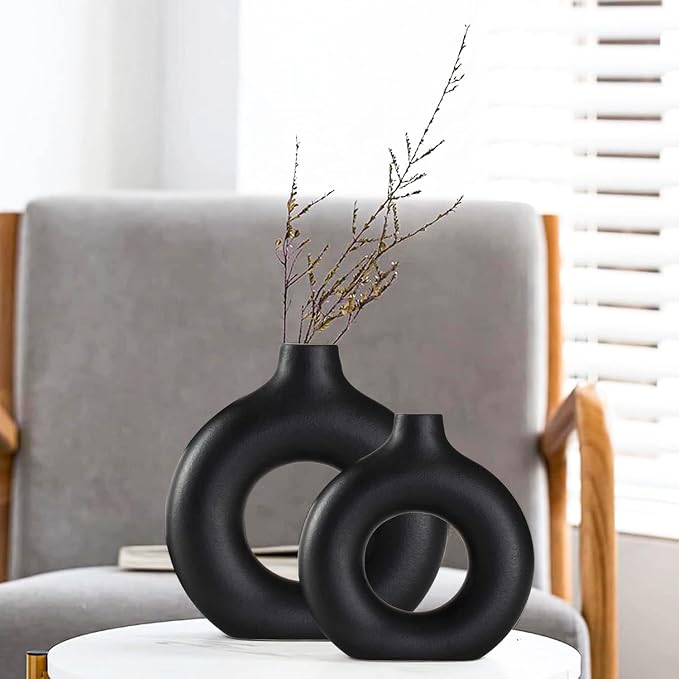 Black Ceramic Vases Set of 2, Modern Design by QLOFEI