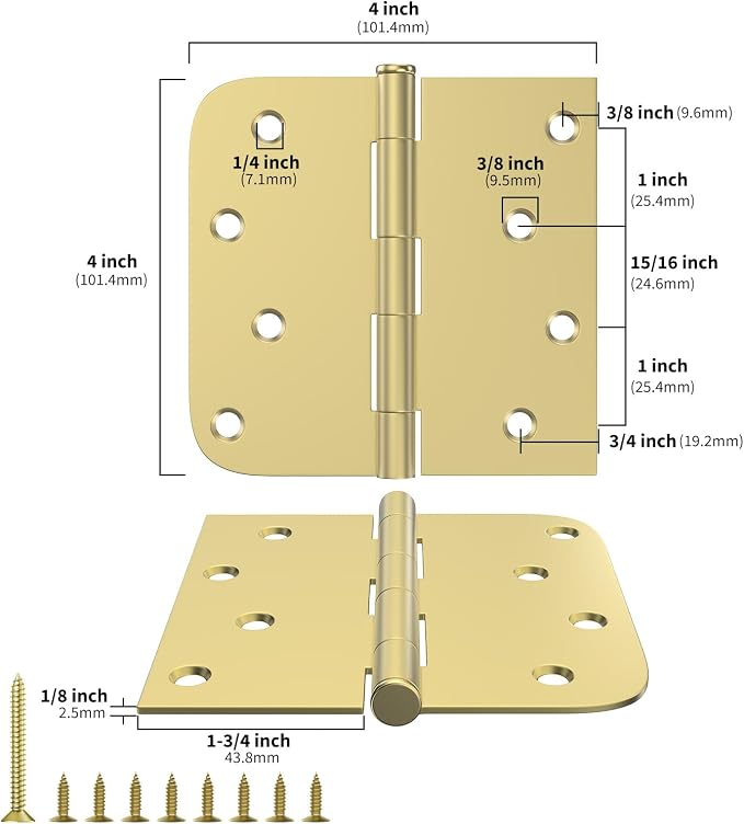goldenwarm Pack of 3 4in Door Hinges Brushed Brass Gold Door Hinges Butt Hinges - Image 2