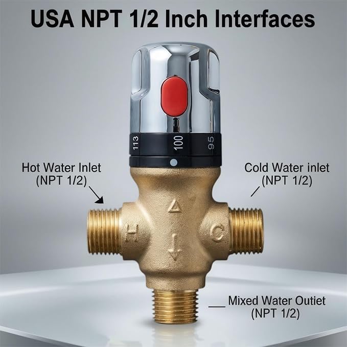 Danbark Thermostatic Mixing Valve 1/2 NPT Male, Solid Brass Shower Mixing Valve - Image 3