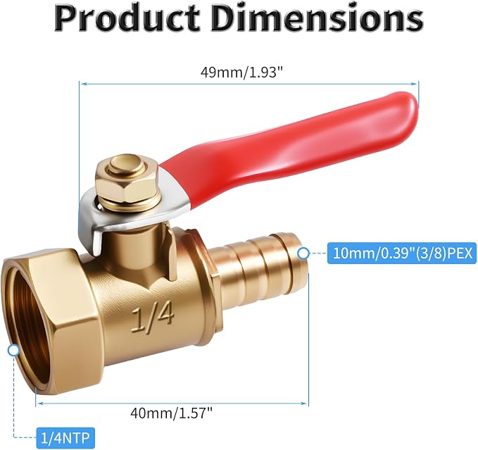 2 Pcs Brass Ball Valve, 10mm x 1/4 Inch, Female NPT | Full Port Shut Off Valve - Image 2