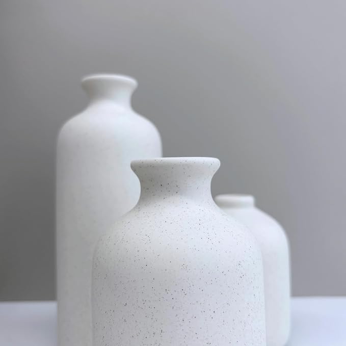 Small White Ceramic Vase Set of 3, Modern Boho Farmhouse Flowers Vases | - Image 8
