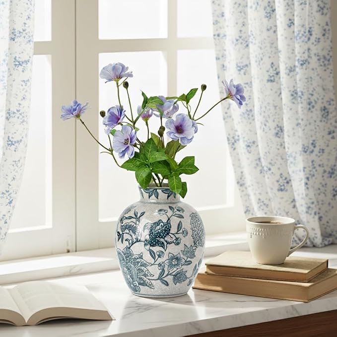 SIDUCAL Ceramic Chinoiserie Floral Vase | 6.3 Inch Blue and White Vintage | - Image 4