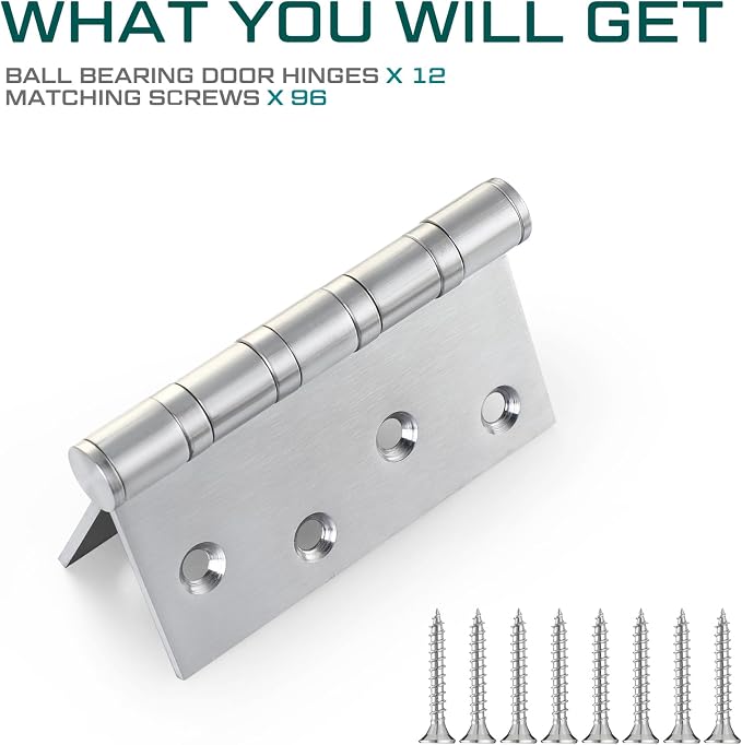 12 Pcs Silver 4'' Ball Bearing Door Hinges, Square Corner | Stainless Steel - Image 3