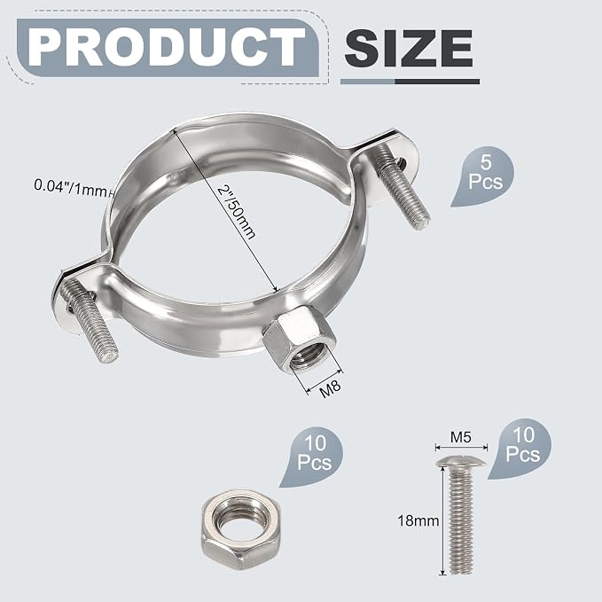 HARFINGTON 5pcs 201 Stainless Steel 2"/50mm Split Ring Pipe Hanger Pipe Strap - Image 2